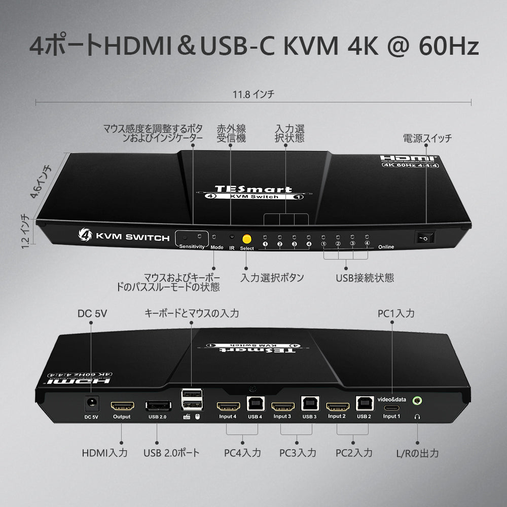 4 ポート KVM スイッチ 3 HDMI+1 USB-C 4K60Hz EDID付き | 4PC&1モニター