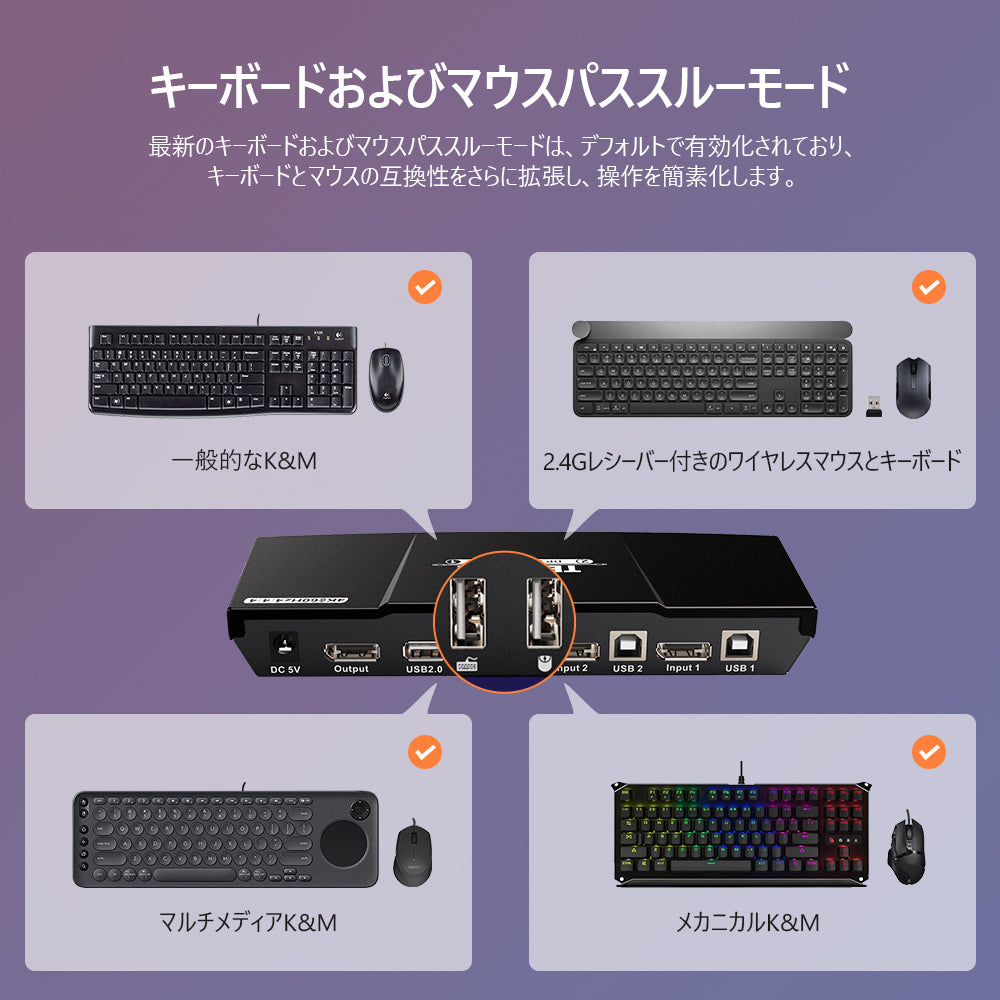 2 ポート KVM スイッチ DP 4K60Hz EDID付き | 2PC&1モニター