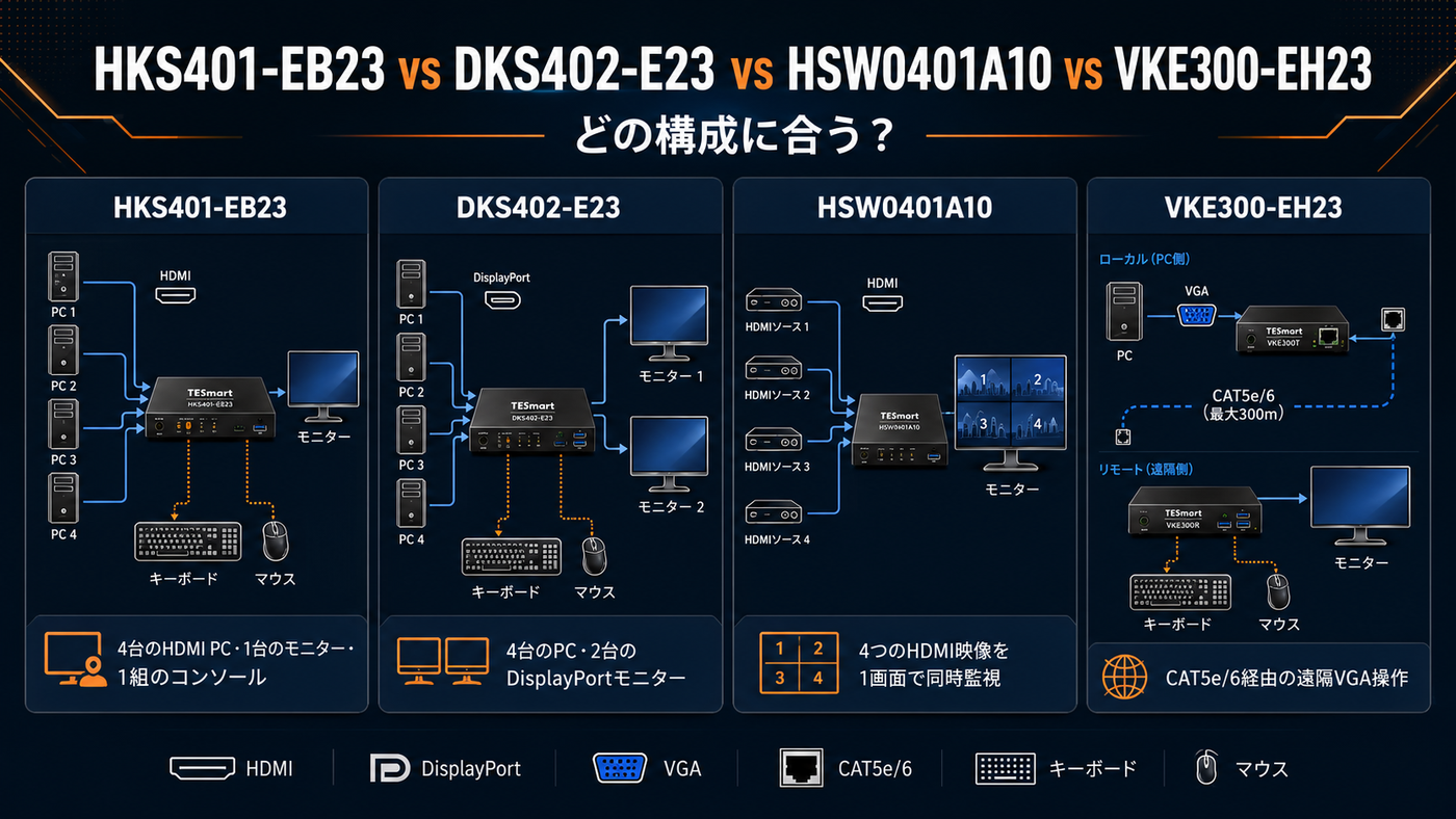 HKS401-EB23 vs DKS402-E23 vs HSW0401A10 vs VKE300-EH23：どの切替・表示・延長ソリューションが合う？