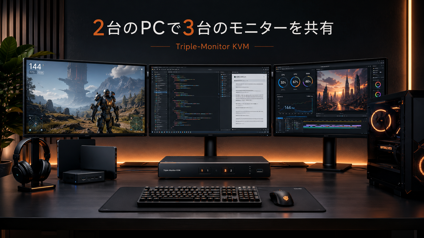 2台のPCで3台の高リフレッシュレートモニターを共有する方法：トリプルモニターKVM接続ガイド