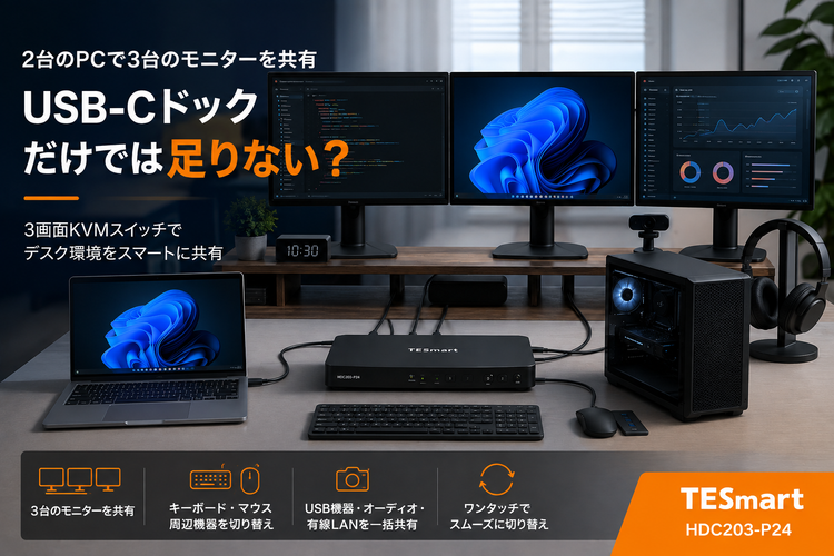 ノートPCとデスクトップPCで3台のモニターを共有する方法 — USB-Cドックだけでは足りない理由
