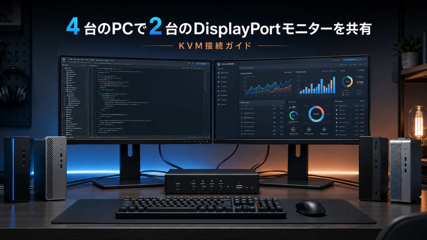 4台のPCで2台のDisplayPortモニターを共有する方法：デュアルモニターKVM接続ガイド