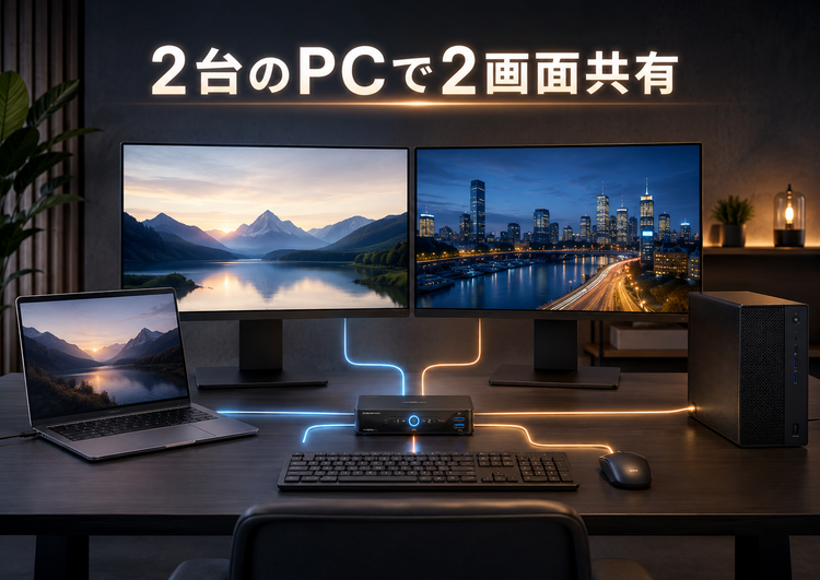 4台のPCで3台のモニターを共有する方法：ノートPCとデスクトップPC向けKVM構成ガイド