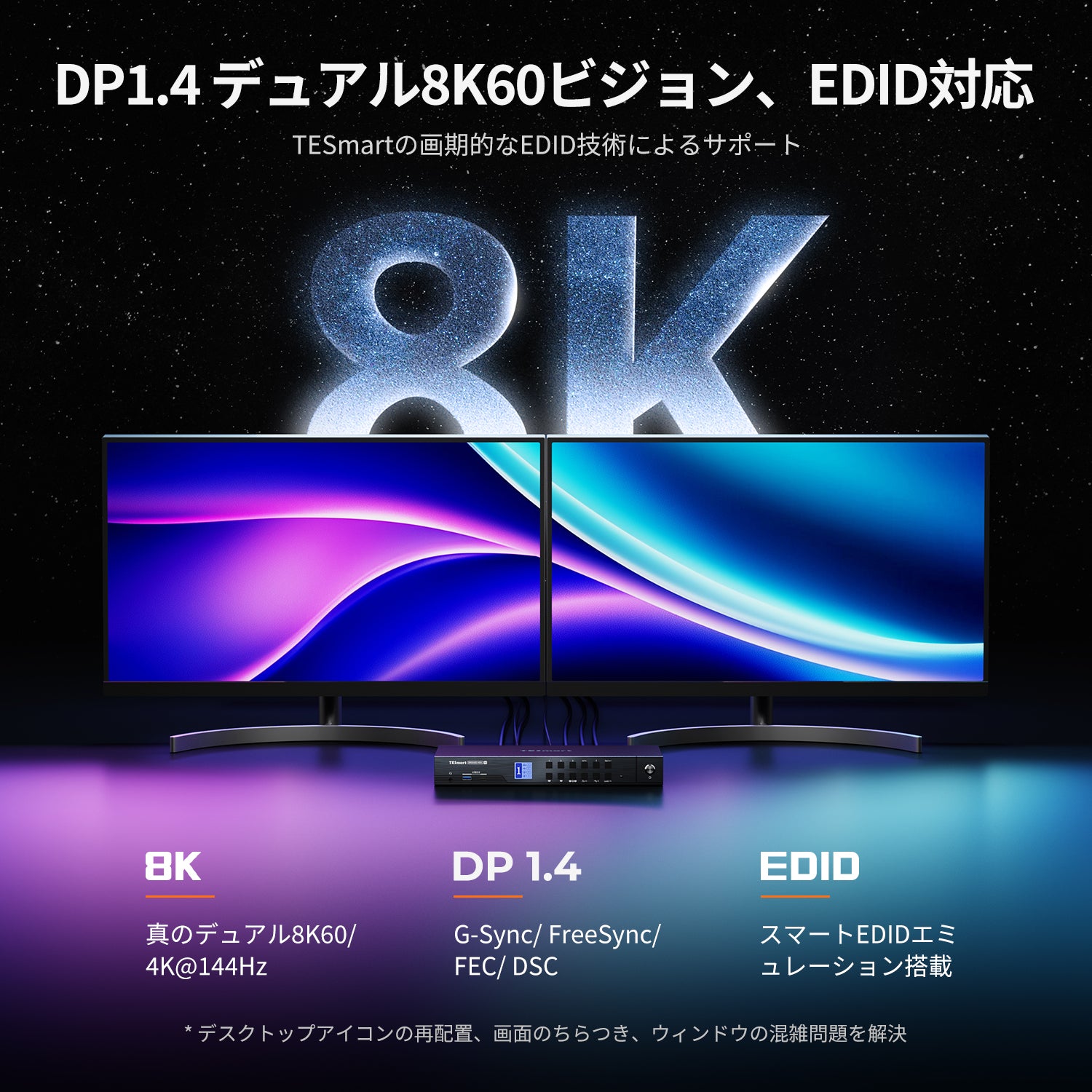 DP 1.4デュアル 8K@60Hz KVMスイッチ（ネットワークハブ & Smart EDID