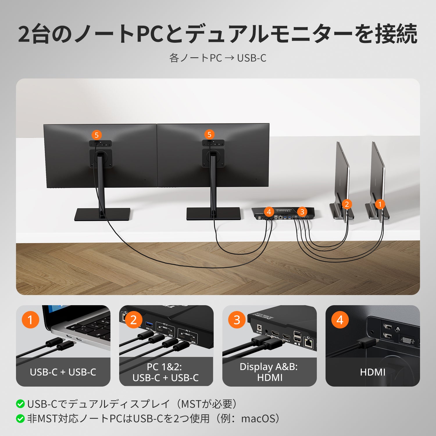 デュアルモニターUSB-C KVMドッキングステーション - 2台のノート