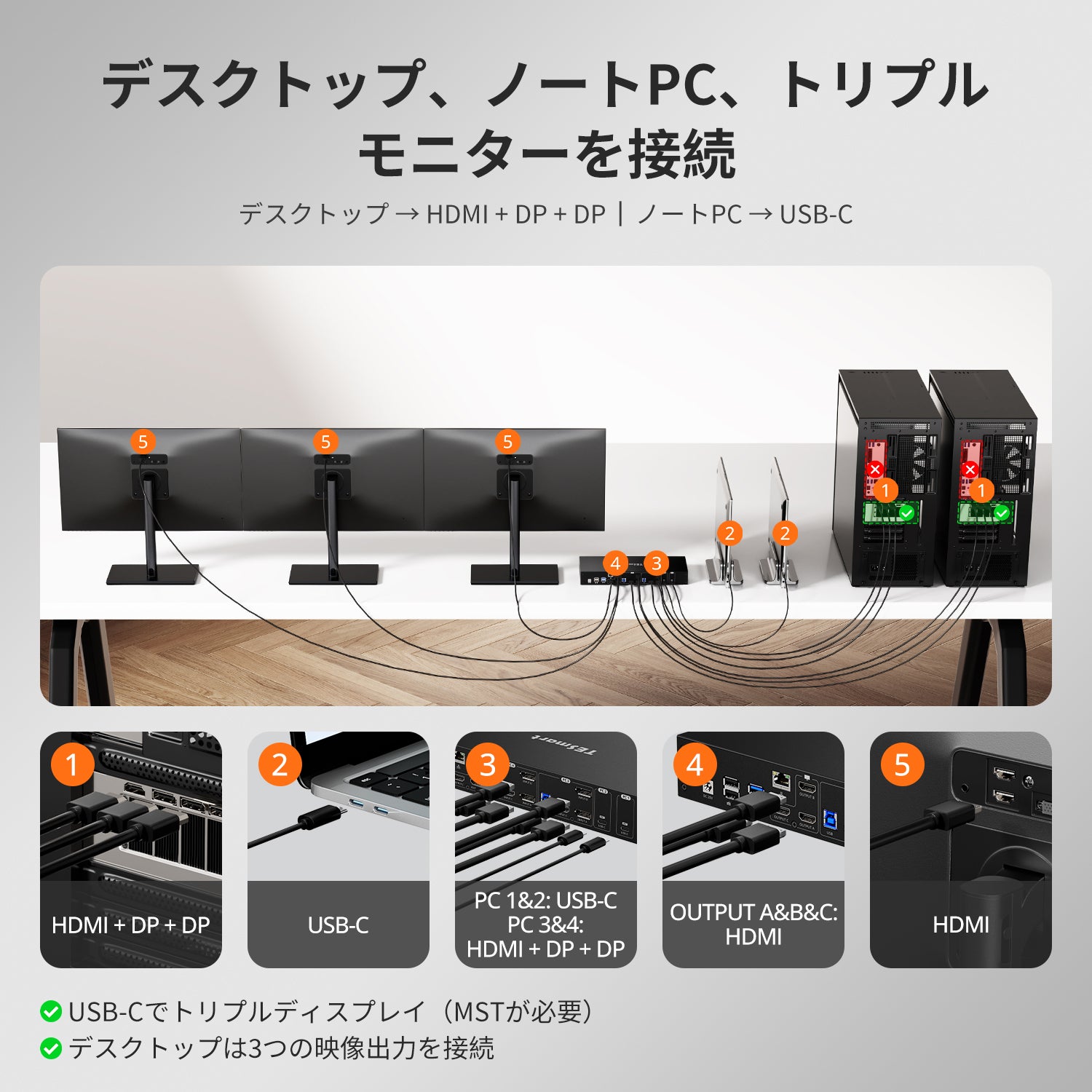 トリプルモニターMST KVMドック - 4K60Hz、1台のラップトップと3台のPC