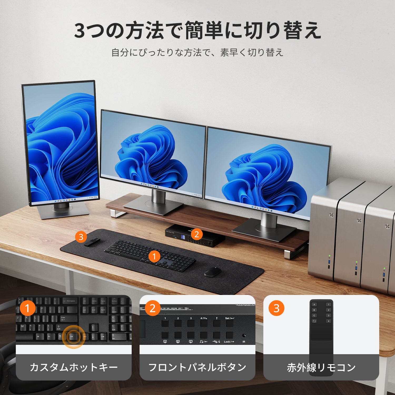 4ポートトリプルモニターKVMスイッチHDMI 4K60Hz USBハブおよび