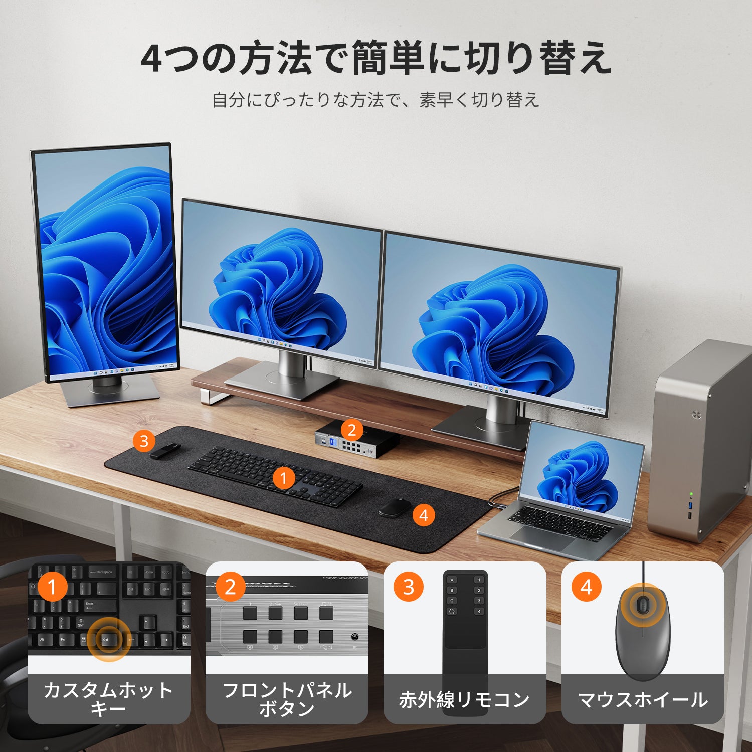 デスクトップPC1台およびラップトップ1台用トリプル4K60Hzハイブリッド デスクトップPC1台およびラップトップ1台用トリプル4K60Hzハイブリッド