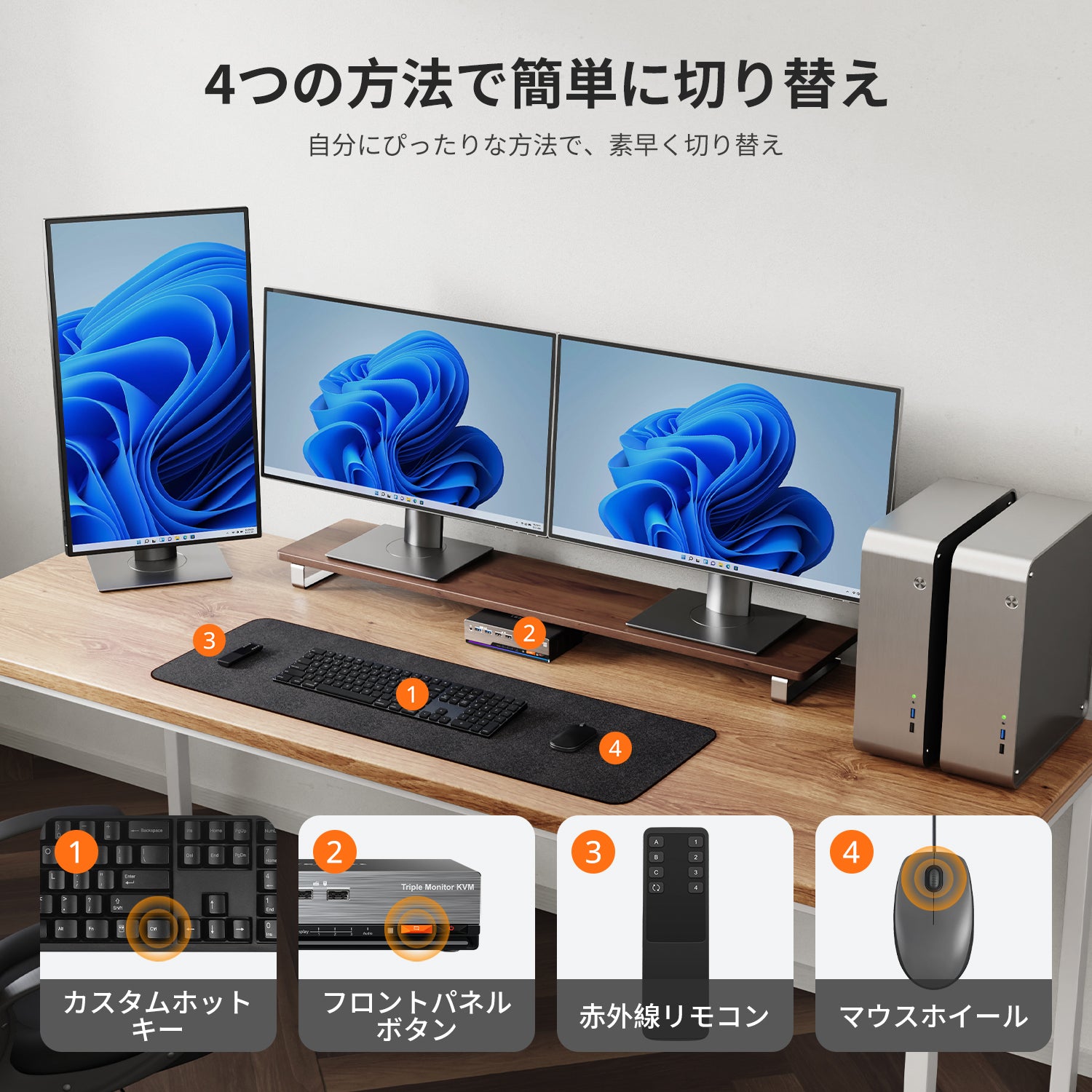 2台のPCと3台のモニター用のトリプル4K60Hz HDMI KVMスイッチ