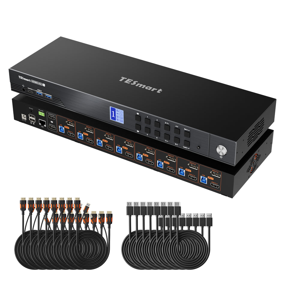 HDMI 2.1およびDP 1.4対応デュアル8K60Hz KVMスイッチ（8台のPCと2台のモニター用）、ADIチップ、EDID、VRR、FVA、ALLM、ダイナミックHDR搭載