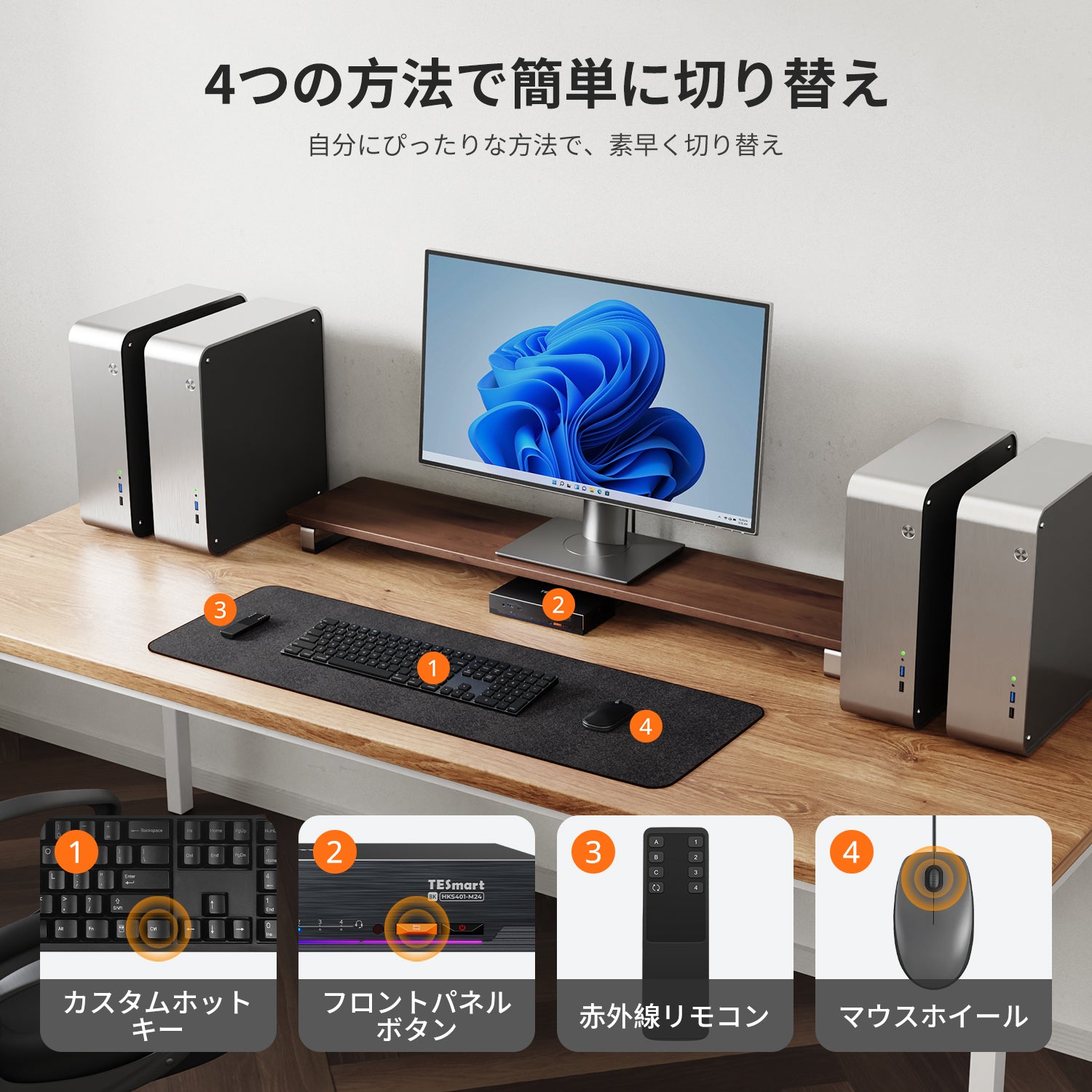 4ポート 8K60 HDMI 2.1 KVMスイッチ、内蔵ネットワークスイッチ、USB