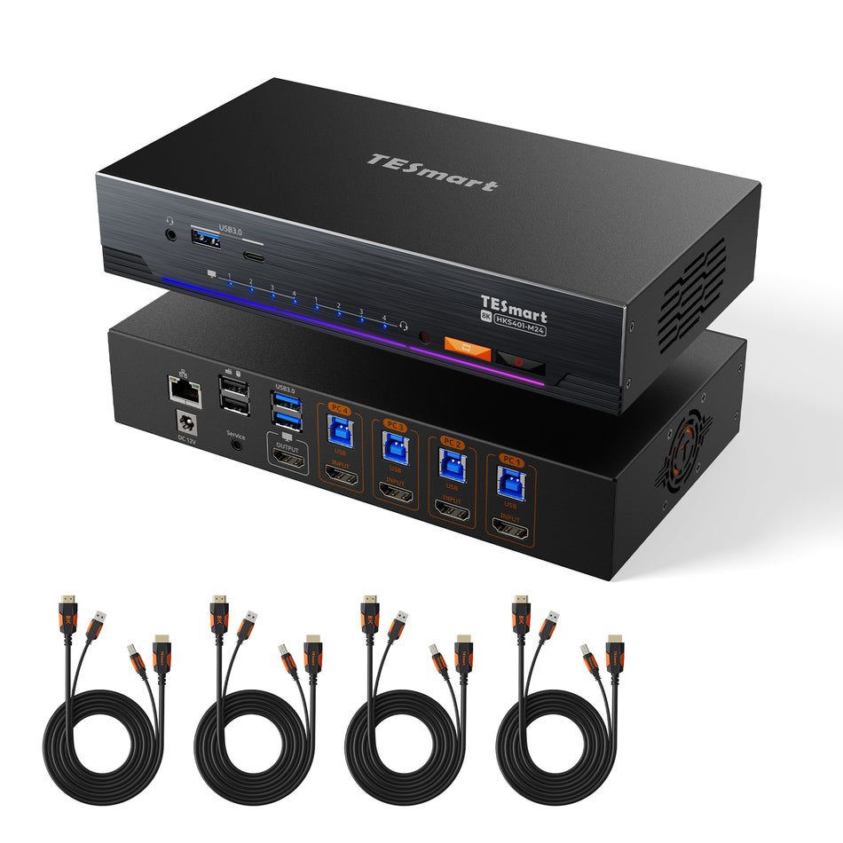 4ポート 8K60 HDMI 2.1 KVMスイッチ、内蔵ネットワークスイッチ、USB 3.2ハブ、ギガビットLAN、RGBライトバー＆リモコン付き、4台のPCを1台のモニターで管理