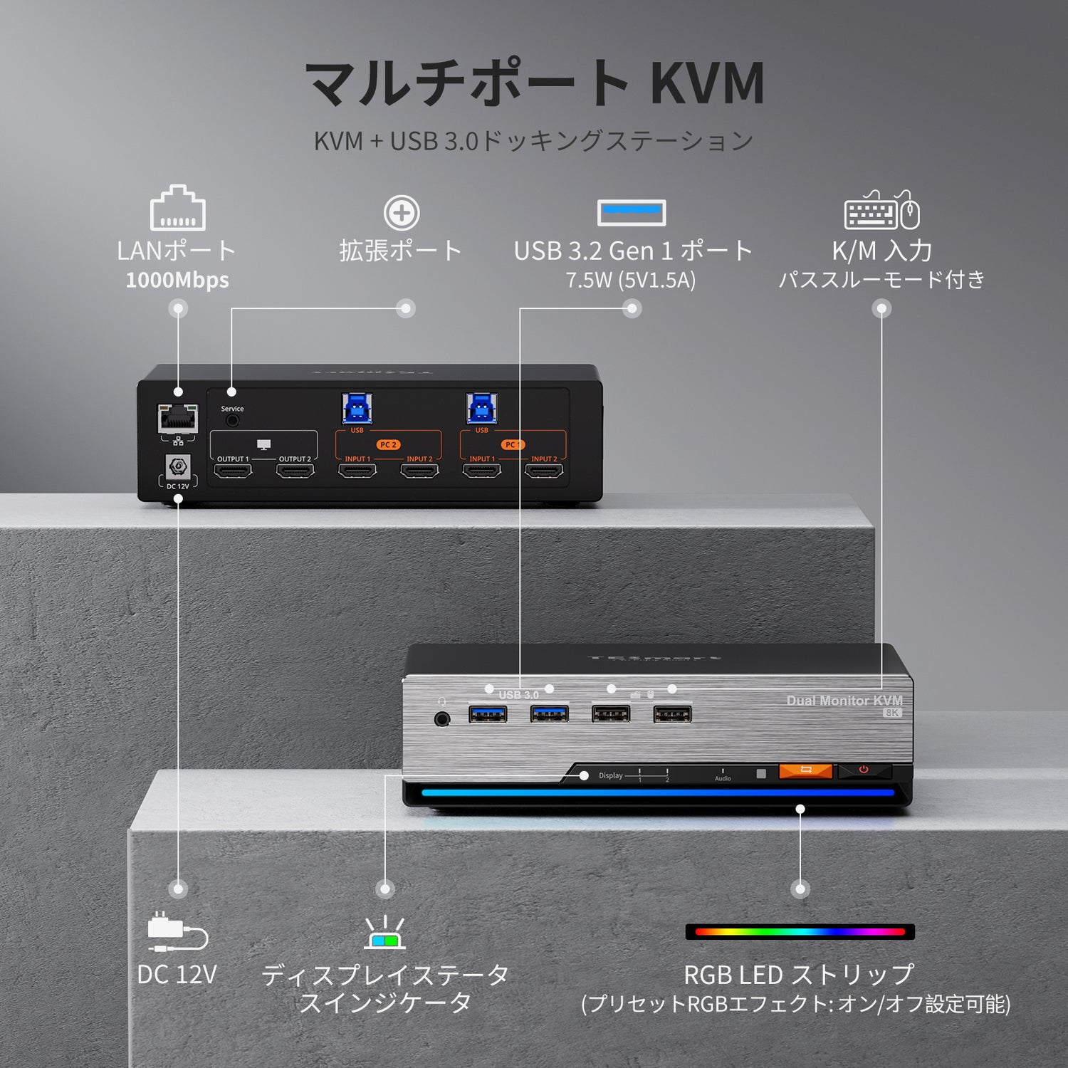 HDMI 2.1 デュアル 4K144Hz KVM スイッチ ゲーミング ドック 2台のPCと2台のモニター用、ADIチップ、EDID、VRR、FVA、ALLM、ダイナミックHDR付き