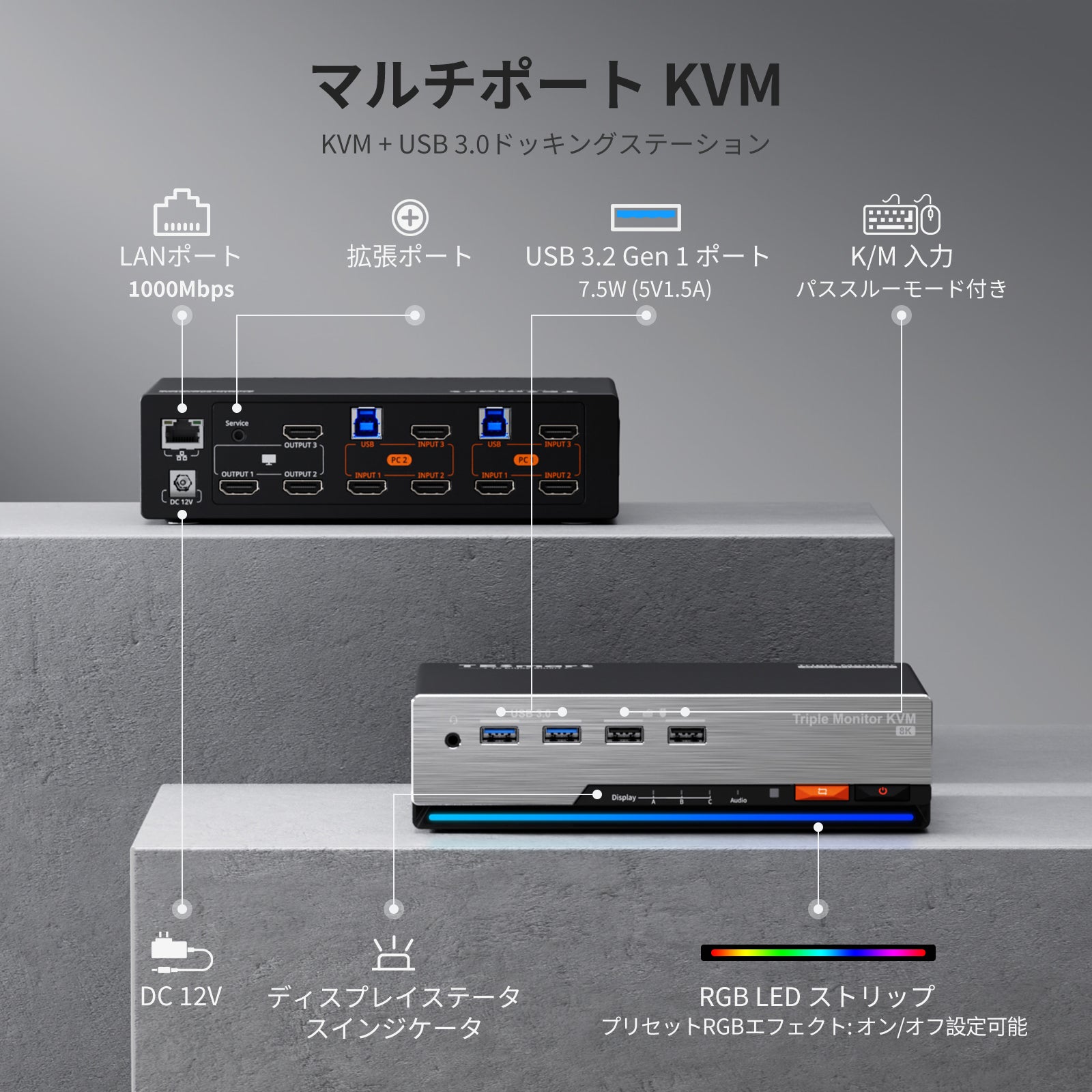 2台のPCと3台のモニター用のトリプル4K60Hz HDMI KVMスイッチ