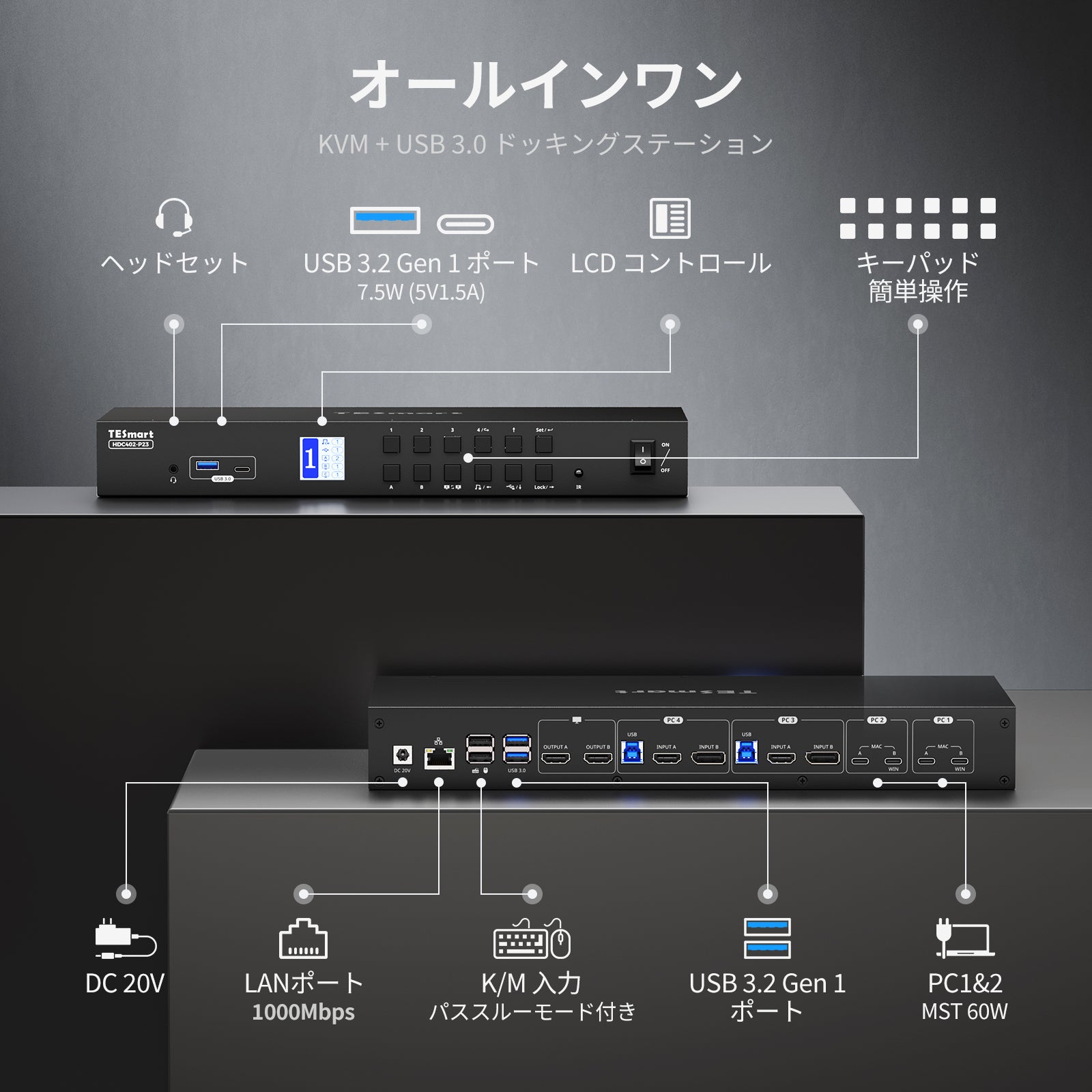 デュアル4K60Hz ハイブリッドKVMプロハブ（4台のPC & 2台のモニター