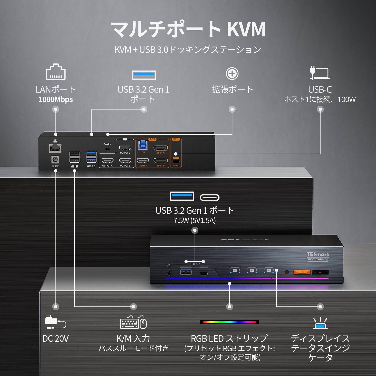 Triple 4K60Hz DisplayLink® KVMドック – USB-C、スマートEDID & 100W