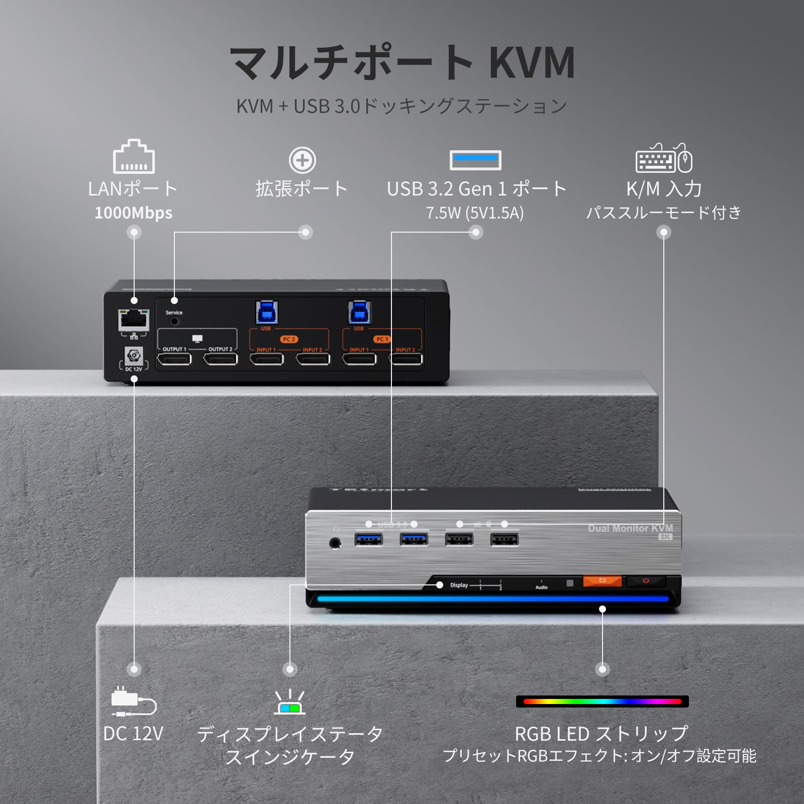 DP 1.4 デュアル 8K@60Hz KVM スイッチ ゲーミングドック 2 PC 2 モニタ用、EDID、G-Sync FreeSync 対応