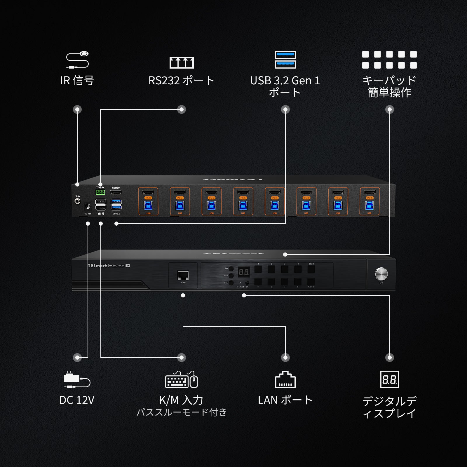 HDMI 2.1 8K60Hz 8x1 KVMスイッチ（8台のPC＆1台のモニター用）、ADI