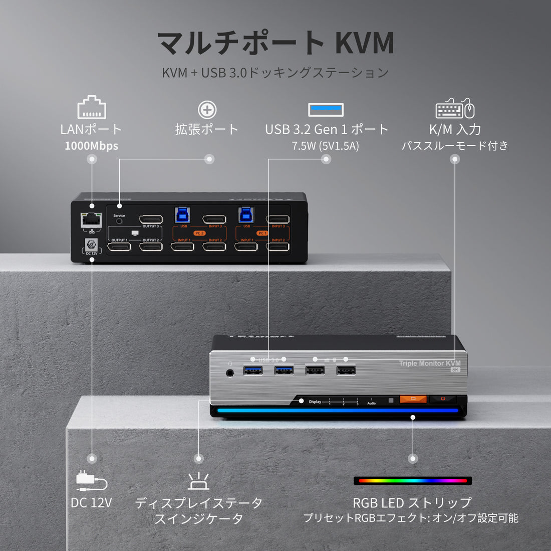 DP 1.4トリプル8K@60Hz KVMスイッチゲーミングドック 2PC用 3モニタ、EDID、G-Sync FreeSync付き