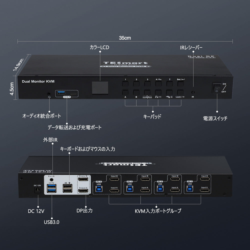 4ポートデュアルモニター KVM スイッチ DP 4K60Hz USB3.0 EDID付き