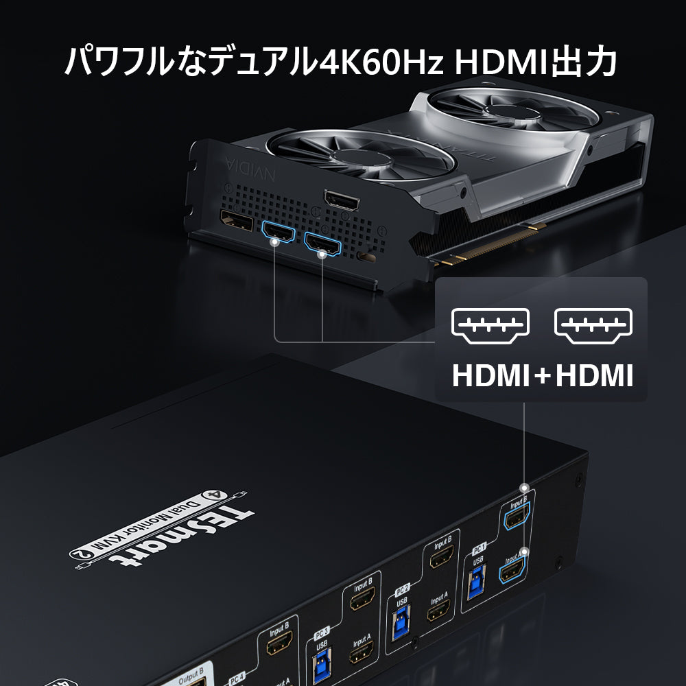 4ポートデュアルモニター KVM スイッチ HDMI 4K60Hz USB3.0 EDID付き | 4PC&2モニター
