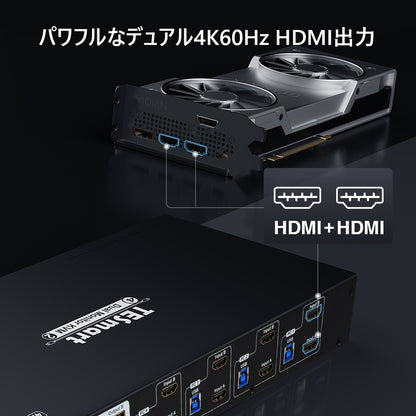4ポートデュアルモニター KVM スイッチ HDMI 4K60Hz USB3.0 EDID付き | 4PC&amp;2モニター