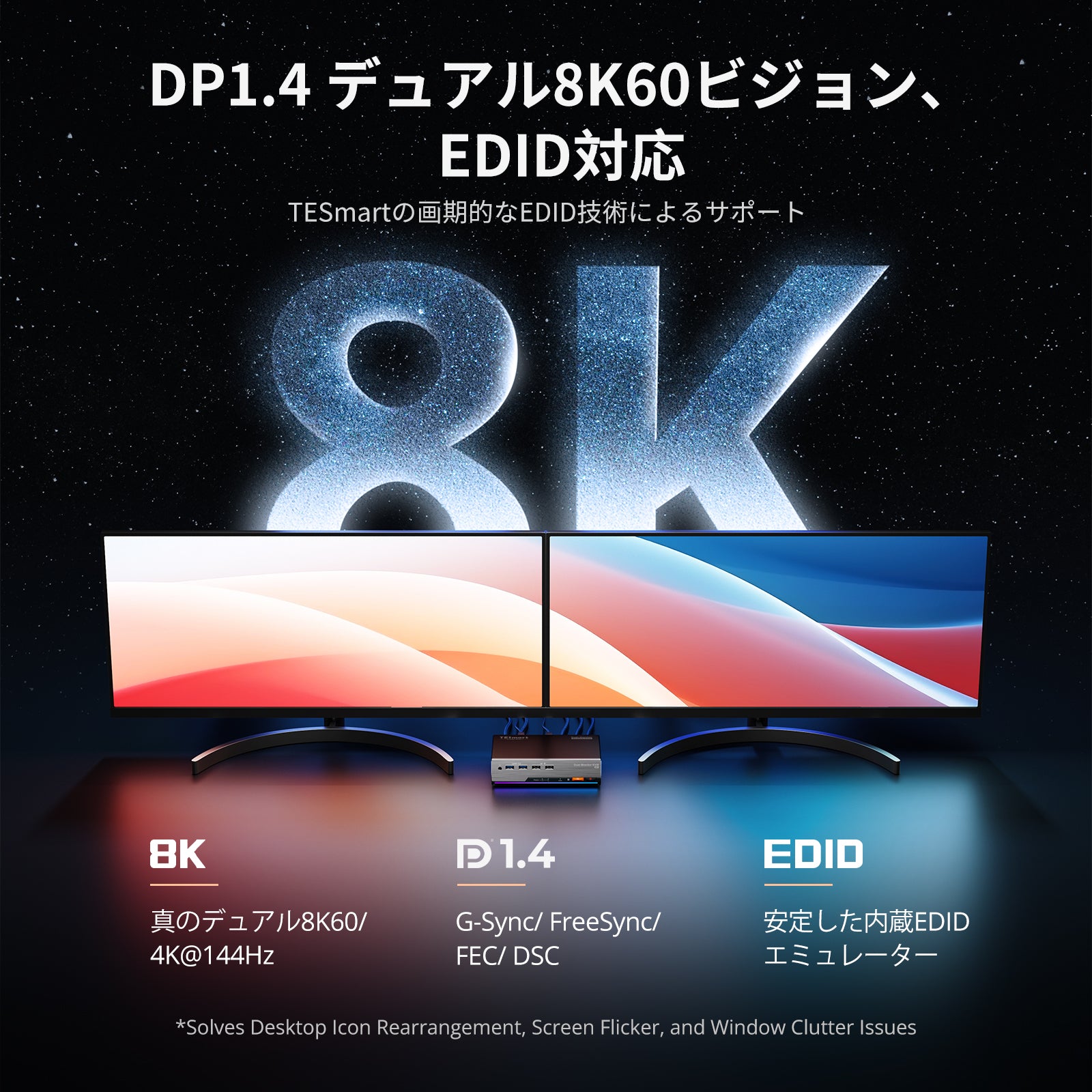 DP 1.4 デュアル 8K@60Hz KVM スイッチ ゲーミングドック 2 PC 2 モニタ用、EDID、G-Sync FreeSync 対応