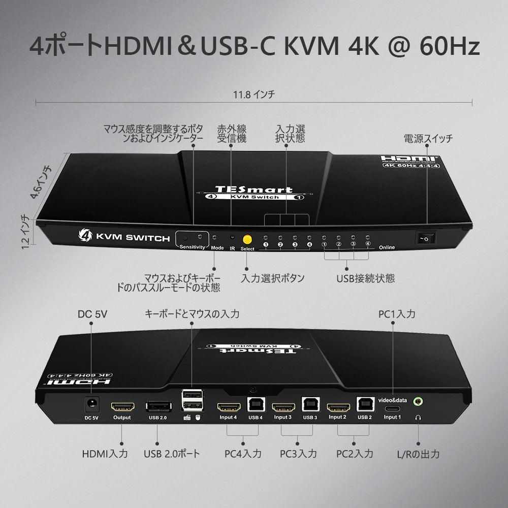 4 ポート KVM スイッチ 3 HDMI+1 USB-C 4K60Hz EDID付き | 4PC&amp;1モニター