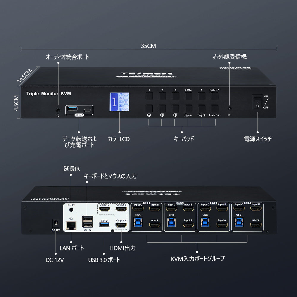 4ポートトリプルモニターKVMスイッチHDMI 4K60Hz USBハブおよびオーディオ出力付き