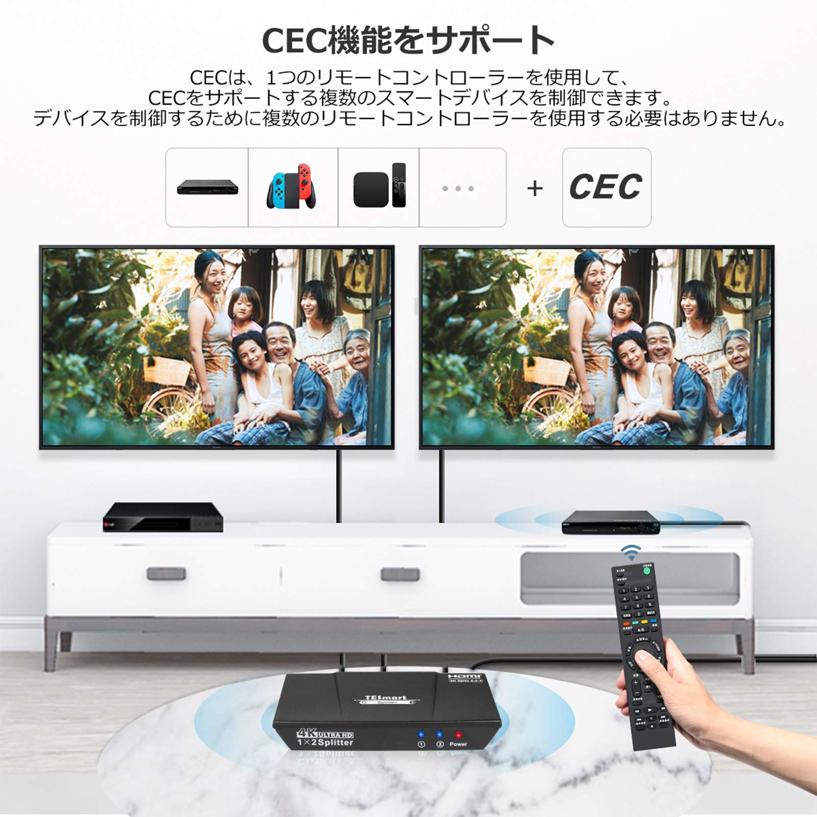 HDMI分配器 1入力2分配 4K60Hz 4:4:4 CEC 手動 切り替え EDID認識対応