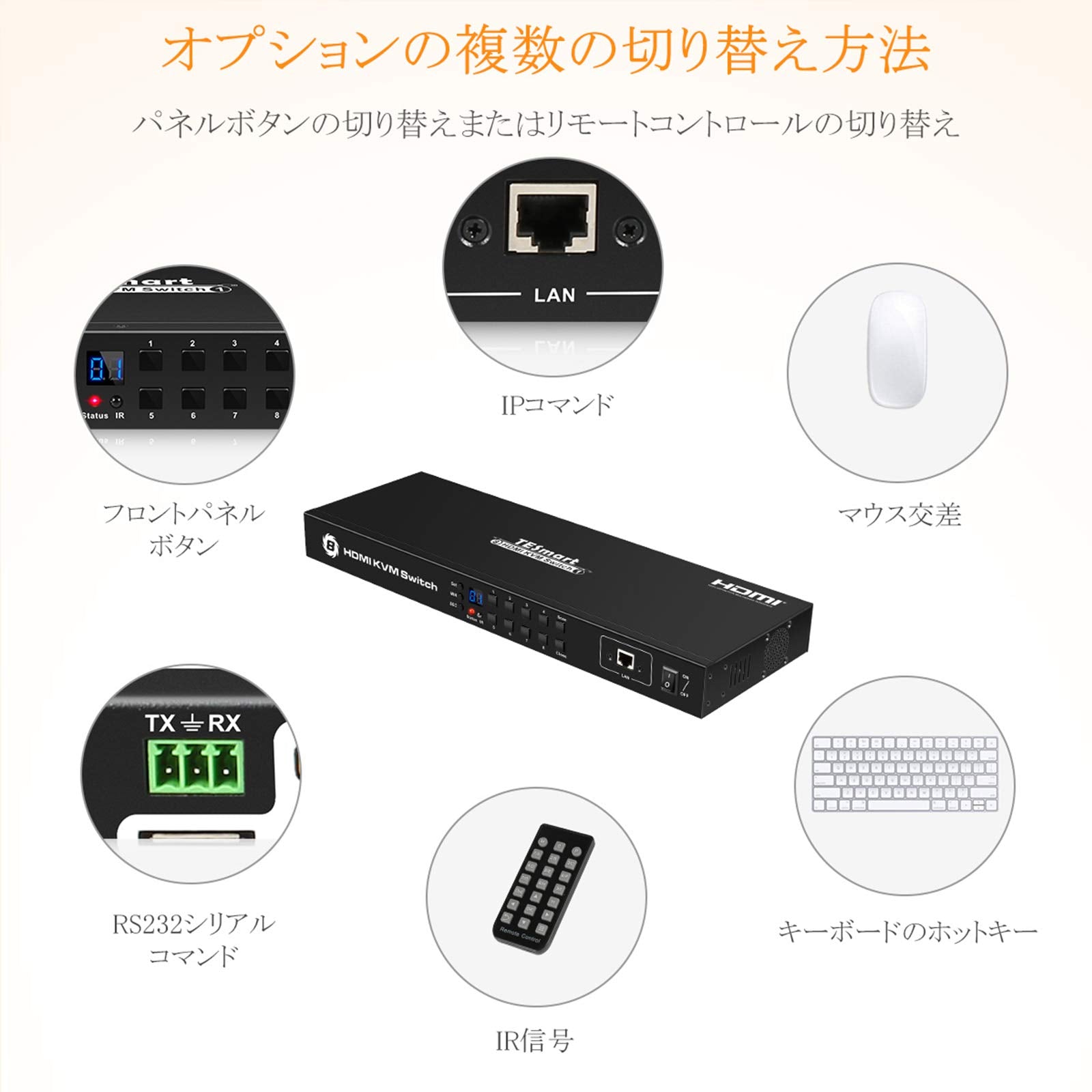 KVMスイッチ 8入力1出力 4K@30hz PIP機能付き USB2.0対応 RS232/LAN口付き