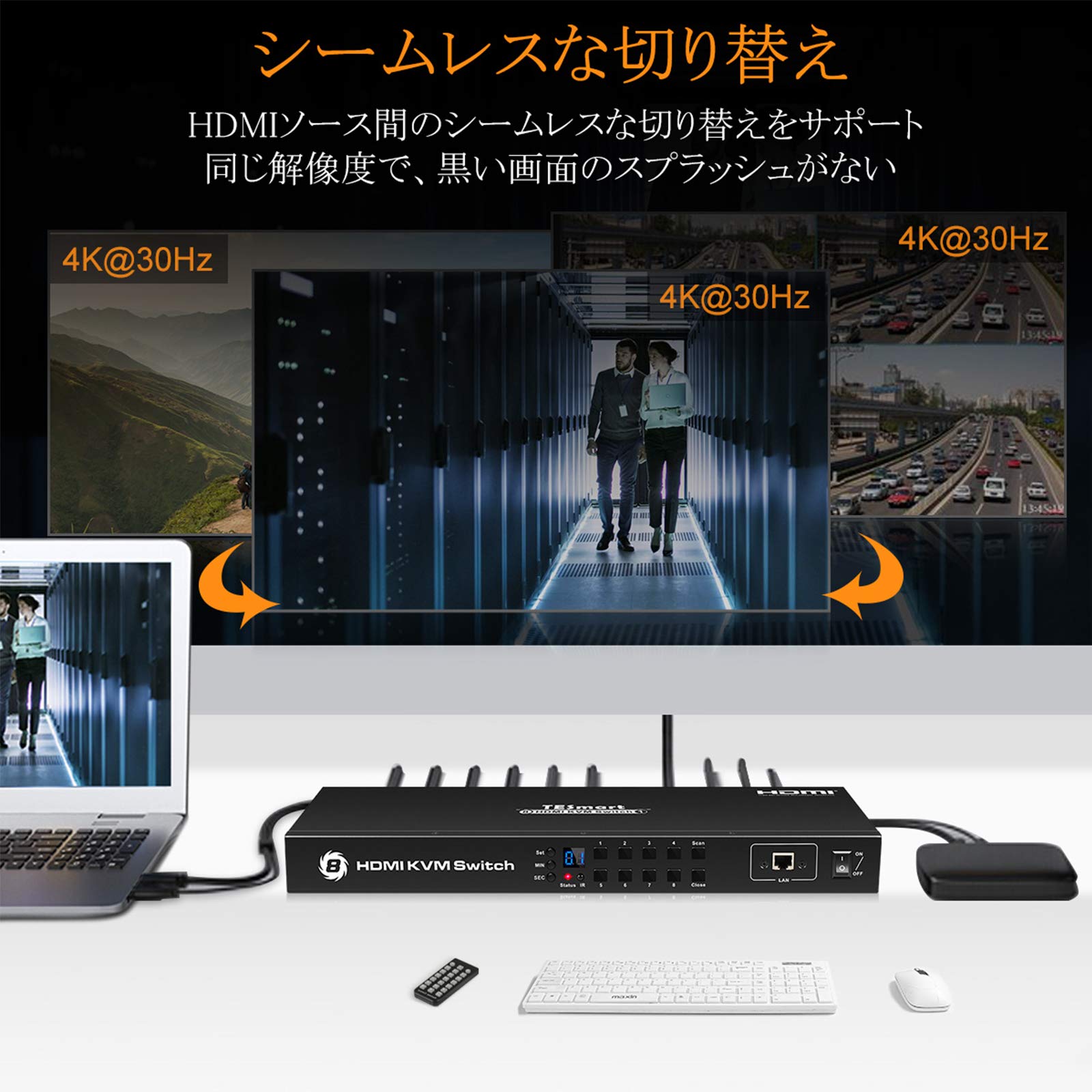 KVMスイッチ 8入力1出力 4K30hz PIP機能付き USB2.0対応 RS232/LAN口付き TESmart.JP