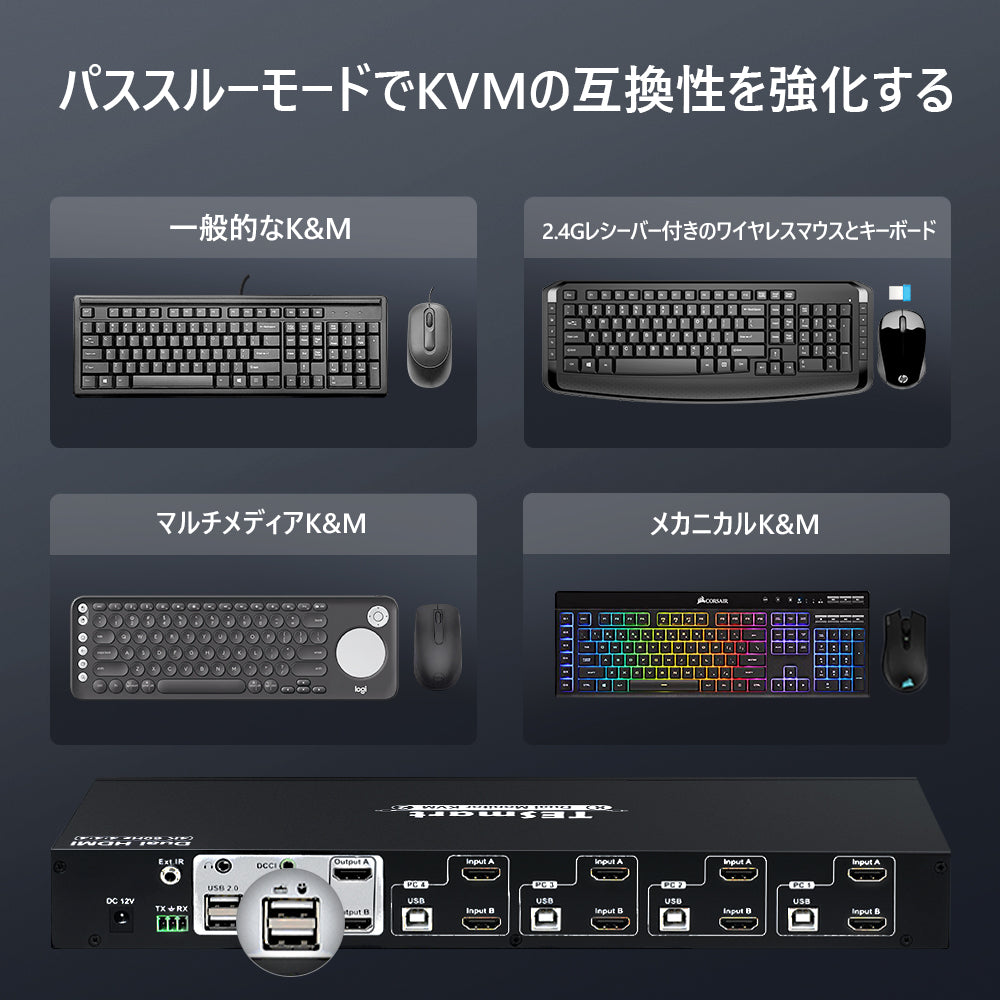 4ポートデュアルモニター KVM スイッチ HDMI 4K60Hz カスケード可能 | 4PC&2モニター