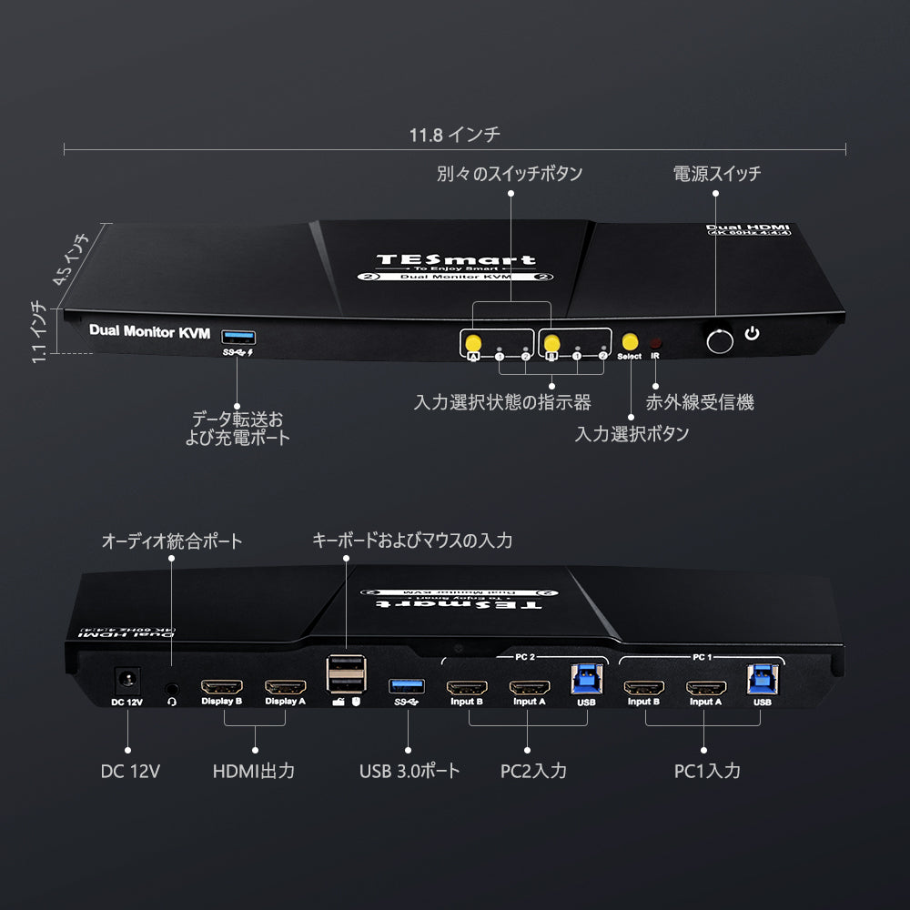 KVMスイッチ | 2ポート デュアルモニター HDMI 4K60Hz USB3.0