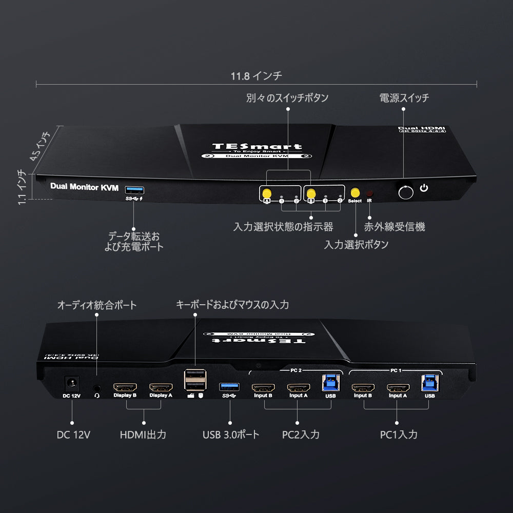 2ポートデュアルモニター KVM スイッチ HDMI 4K60Hz-3