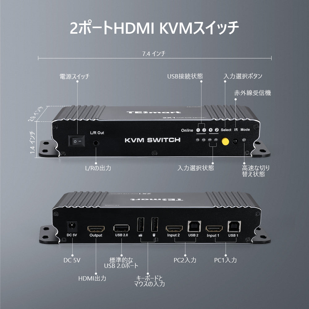 2ポートHDMI KVMスイッチ 4K60Hz USBハブとオーディオ出力付き –