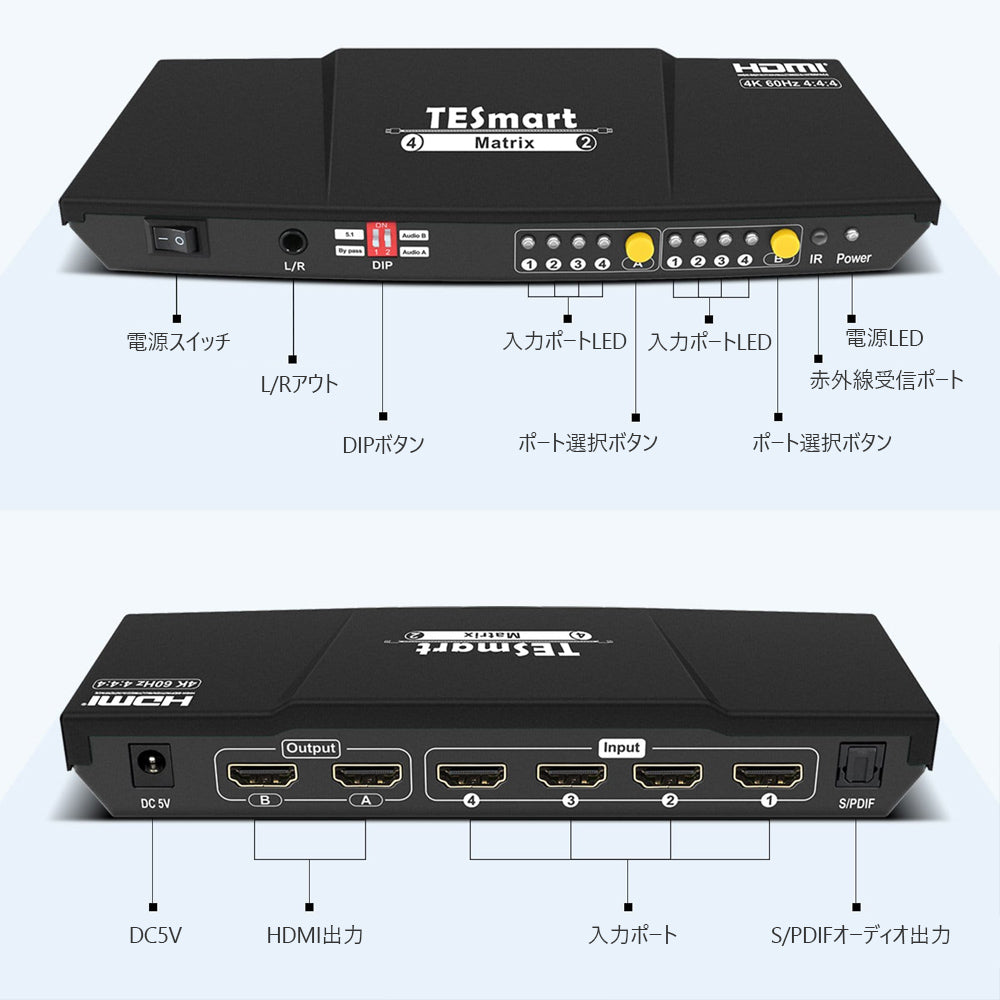 4x2 HDMI マトリックス ビデオ スイッチ 4K 60hz HDCP オーディオ付き