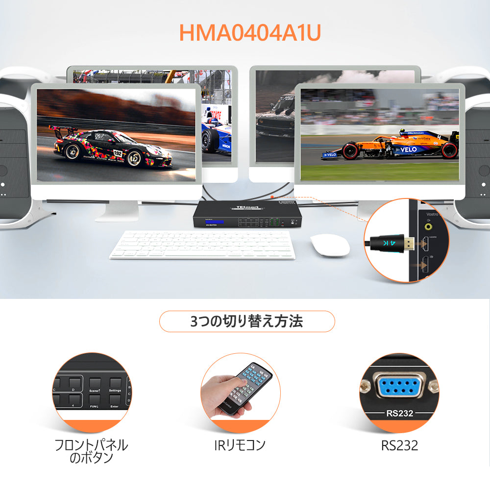 HDMIマトリックス 4K60Hz オーディオ出力とRS232/LAN制御 | 4入力4出力