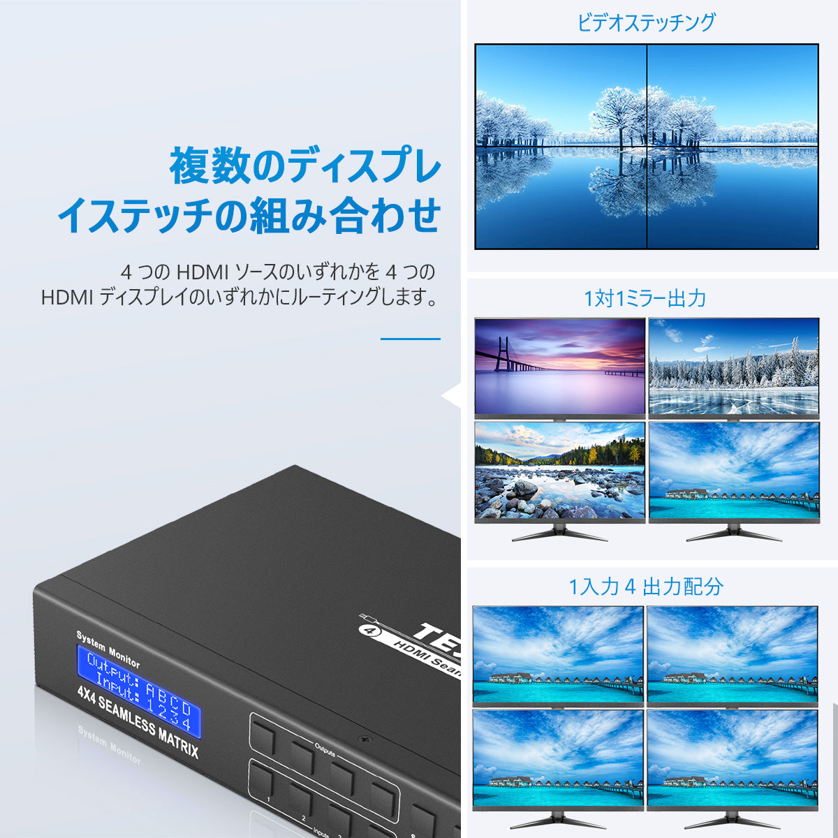 4x4 4K HDMI マトリックス スイッチ ビデオ ウォールとシームレスなスイッチング