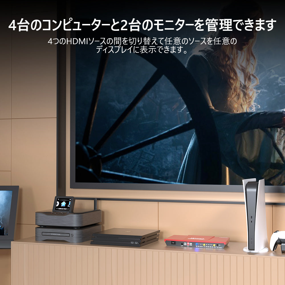 4台のPCと2台のモニターを管理